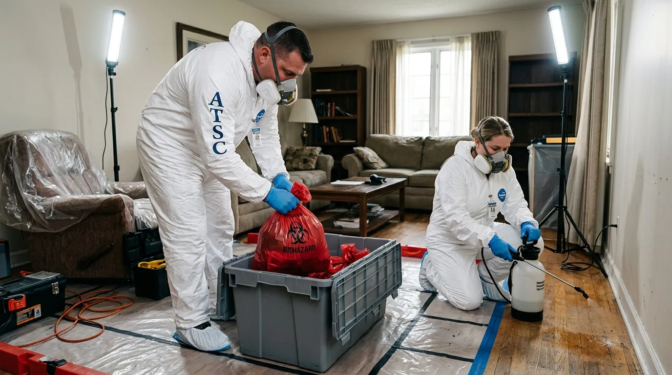 Professional Unattended Death Cleanup technician in full PPE working in Fairview Heights